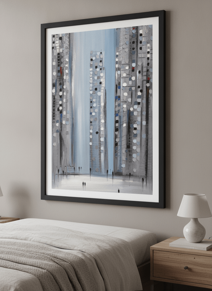 Minimalist artwork displayed in a calm, light-filled bedroom interior