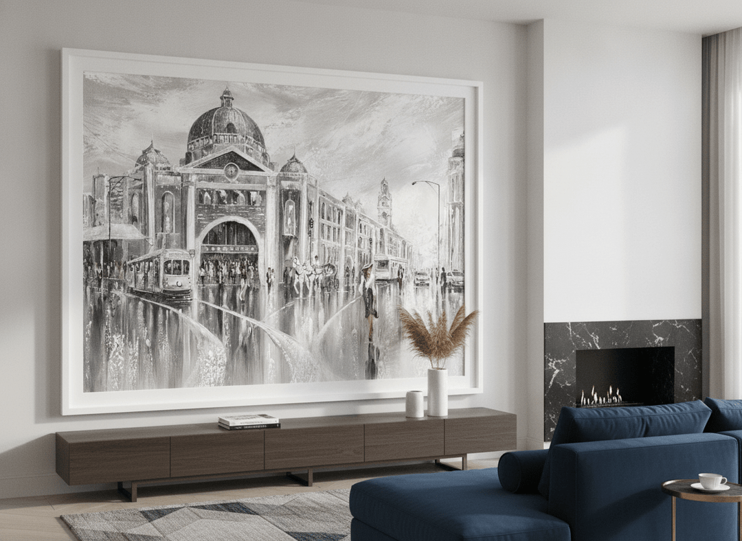 Monumental artwork centred on a feature wall in a luxe interior