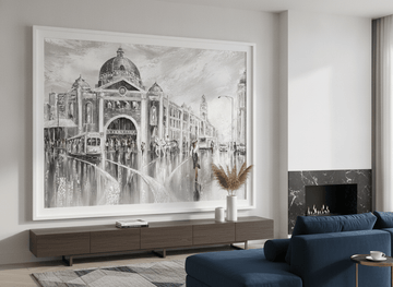 Monumental artwork centred on a feature wall in a luxe interior