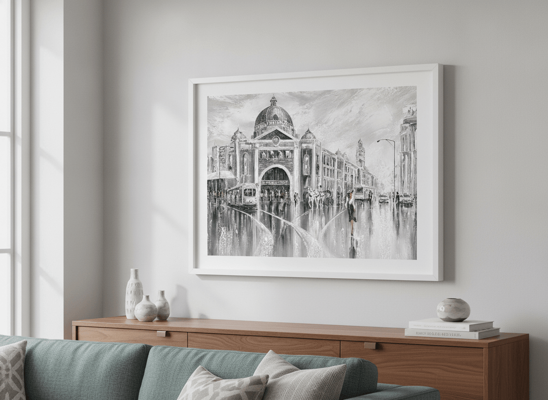 Artwork displayed above a credenza in a real-looking contemporary home