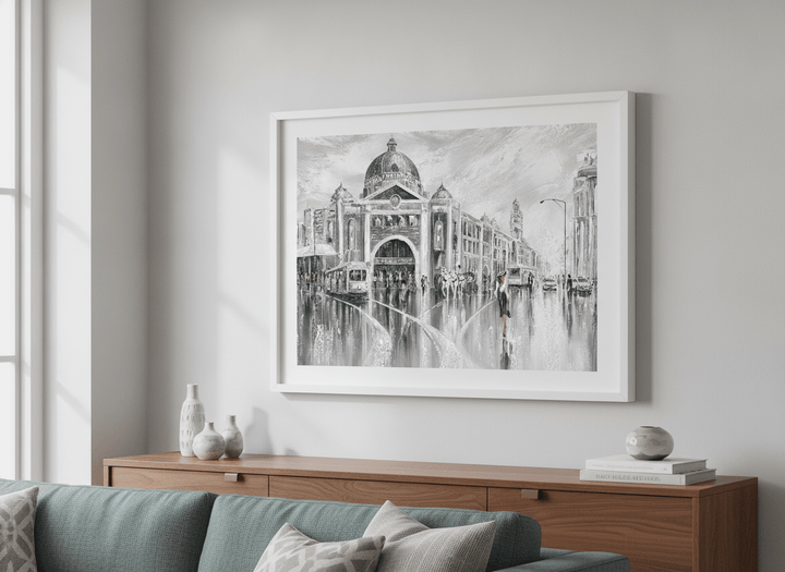 Artwork displayed above a credenza in a real-looking contemporary home