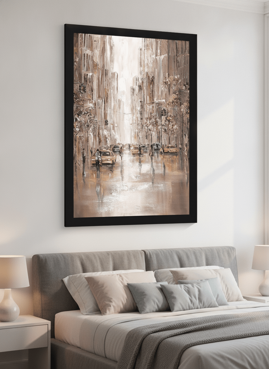Minimalist artwork displayed in a calm, light-filled bedroom interior