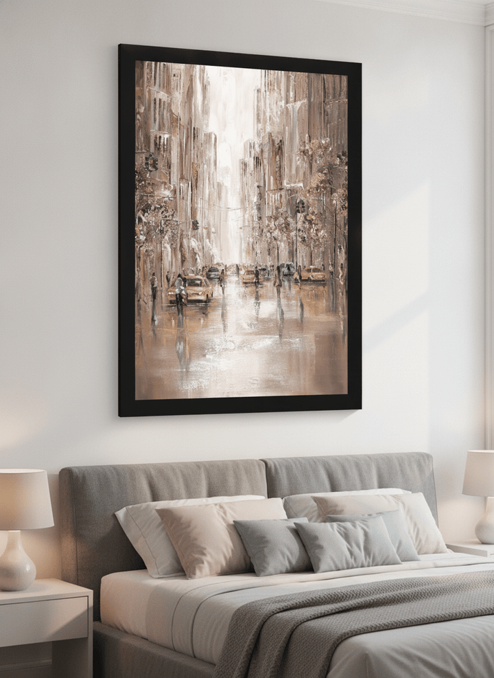 Minimalist artwork displayed in a calm, light-filled bedroom interior