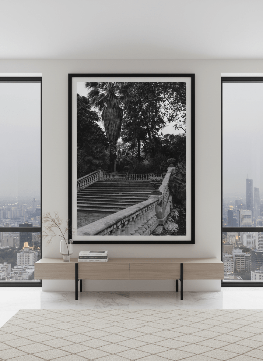 Monumental artwork centred on a feature wall in a luxe interior