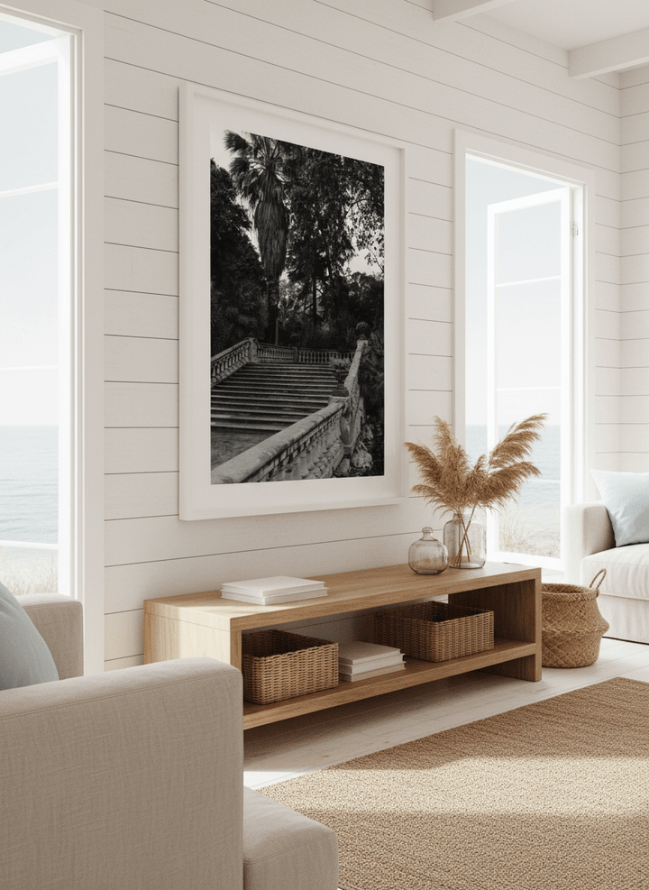Neutral wall art displayed in a sunny coastal beach house