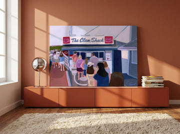 Stretched canvas wall art standing on a sideboard in a retro 70s dining room