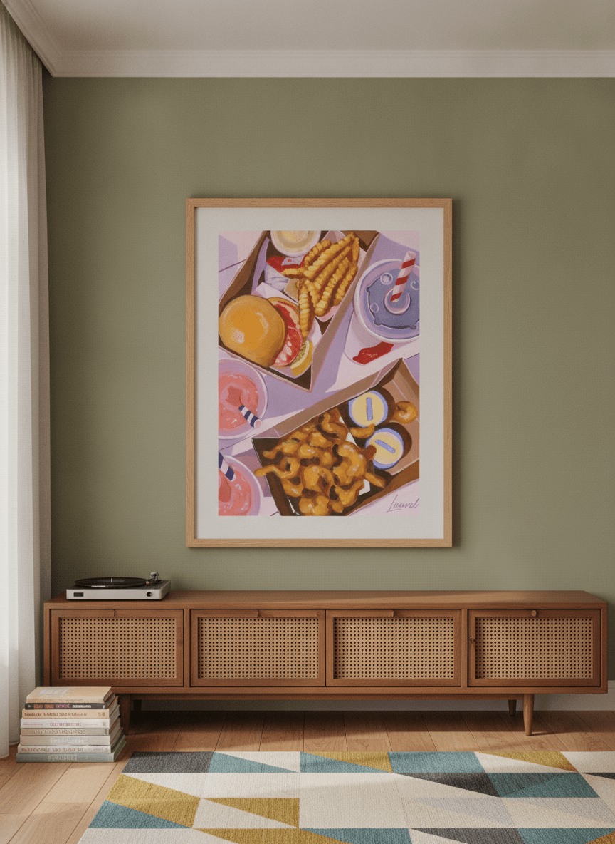 Oversized statement modern wall art print styled on the wall in a mid-century living room