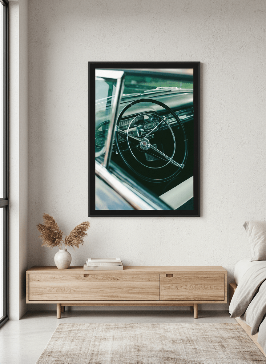 Minimalist artwork displayed in a calm, light-filled bedroom interior