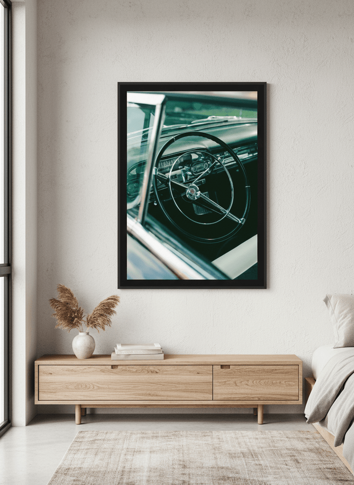 Minimalist artwork displayed in a calm, light-filled bedroom interior
