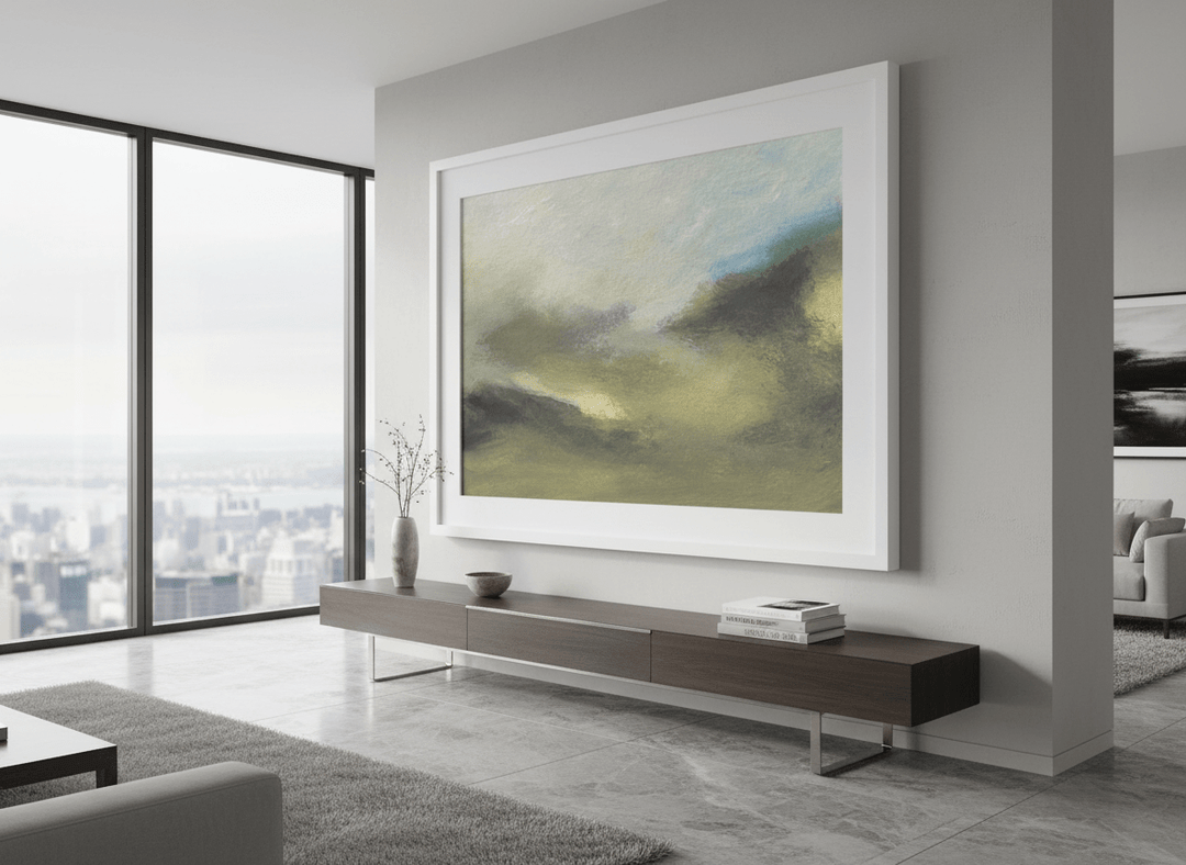 Monumental artwork centred on a feature wall in a luxe interior