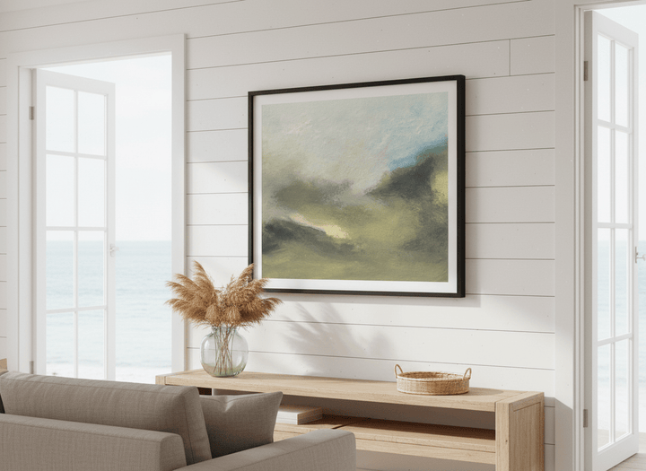 Neutral wall art displayed in a sunny coastal beach house