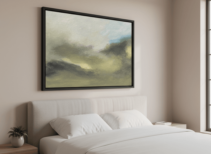Minimalist artwork displayed in a calm, light-filled bedroom interior