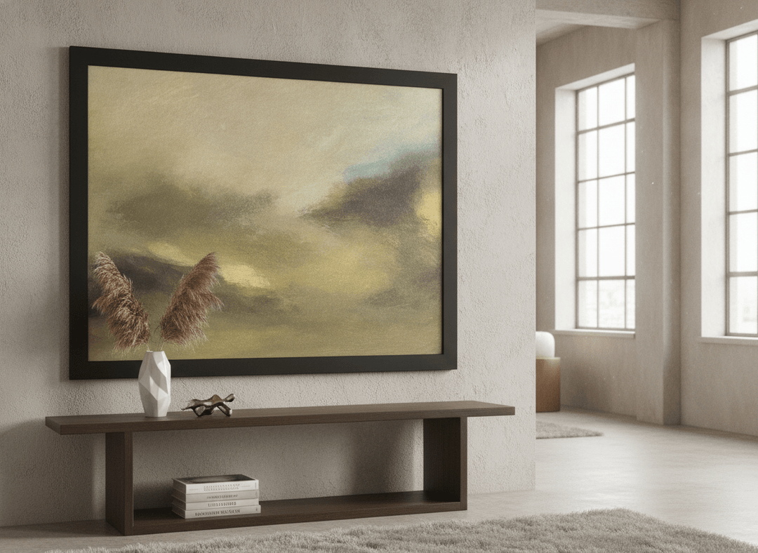 Monumental artwork centred on a feature wall in a luxe interior
