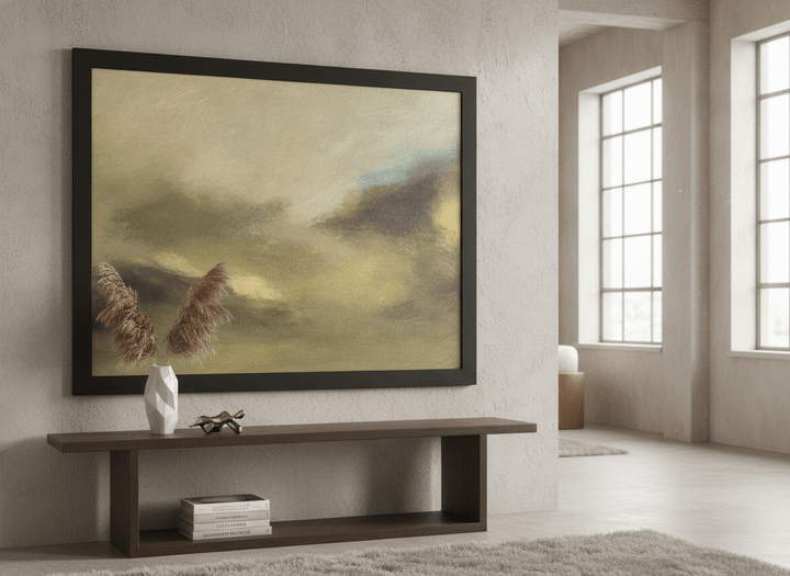 Monumental artwork centred on a feature wall in a luxe interior
