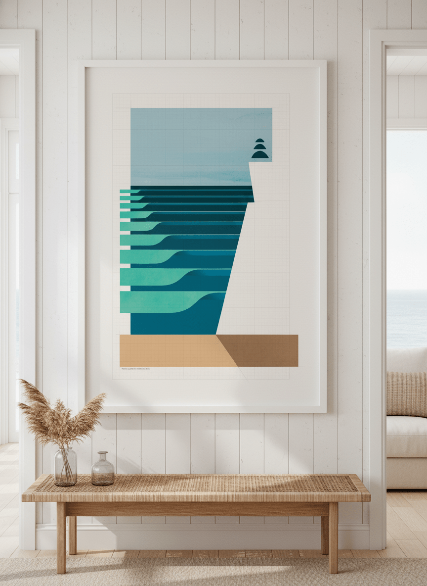 Neutral wall art displayed in a sunny coastal beach house