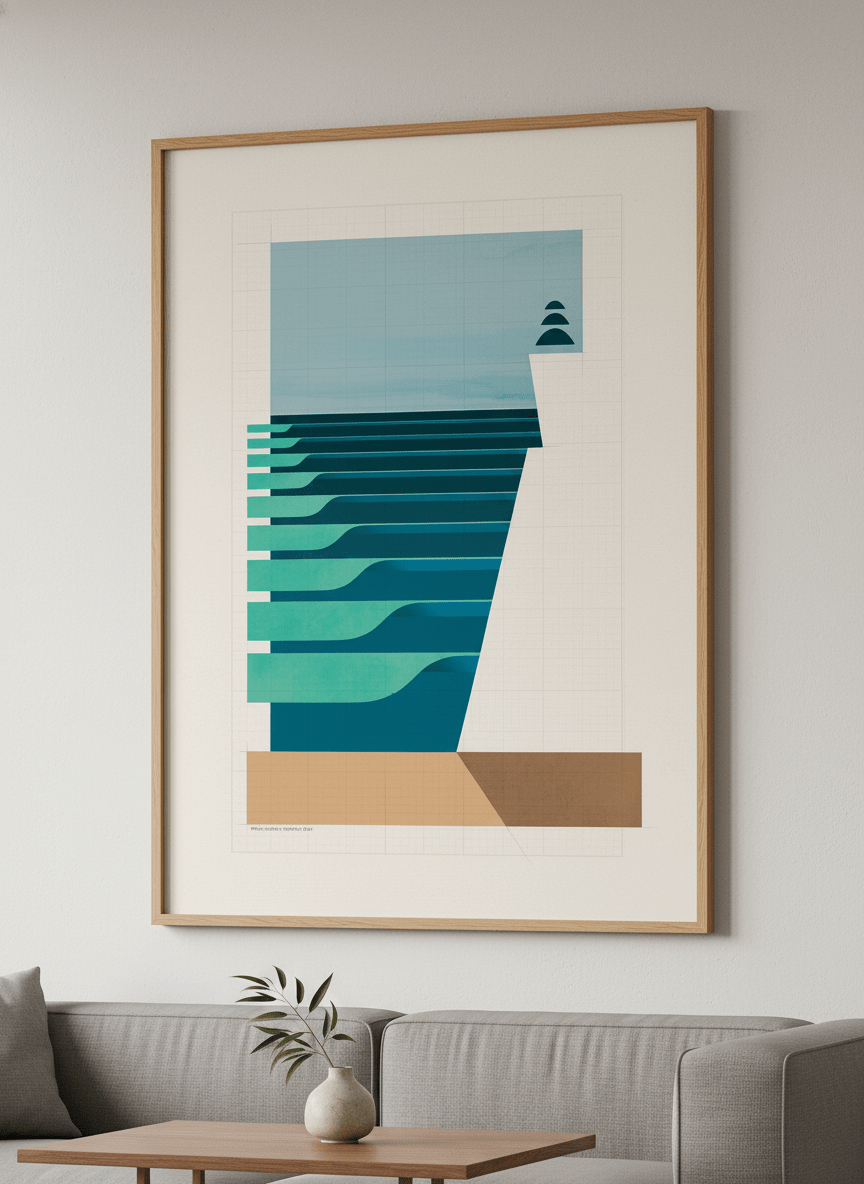 Modern wall art styled above a sofa in a neutral living room