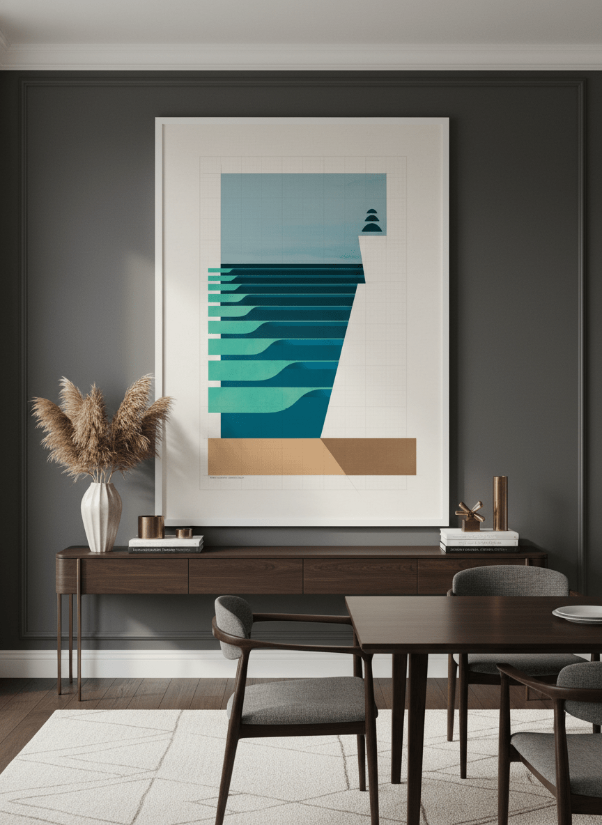 Monumental artwork centred on a feature wall in a luxe interior