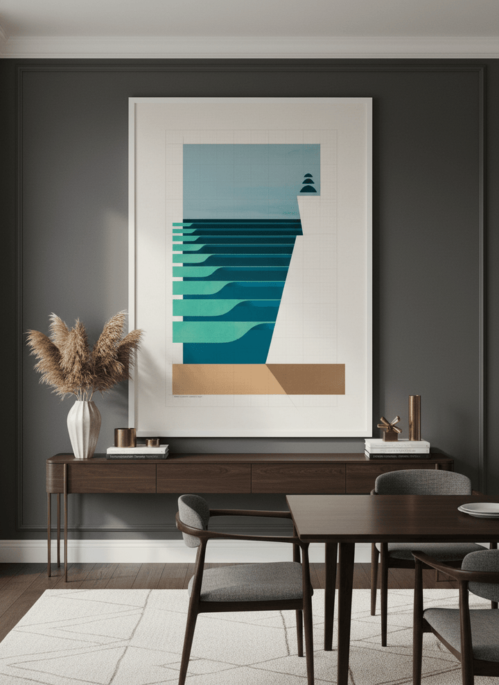 Monumental artwork centred on a feature wall in a luxe interior