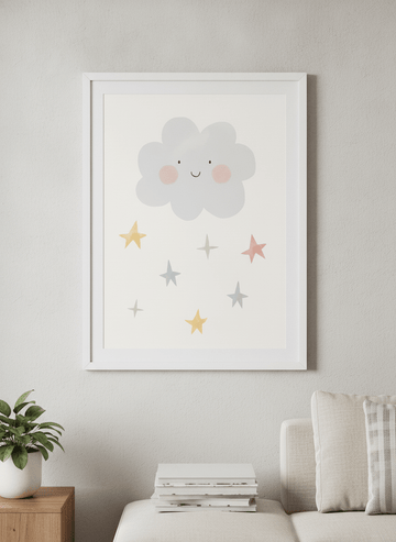 Modern wall art styled above a sofa in a neutral living room