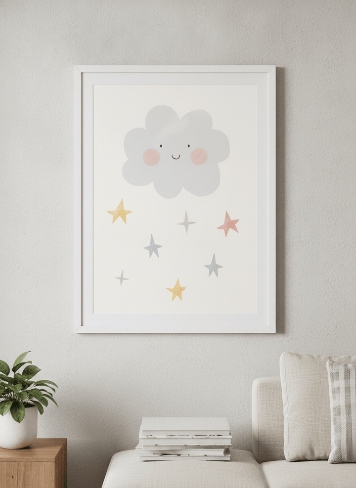 Modern wall art styled above a sofa in a neutral living room