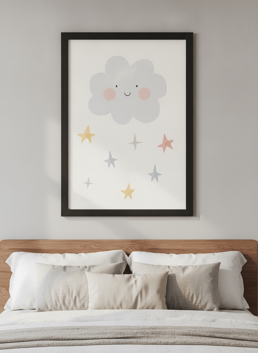 Minimalist artwork displayed in a calm, light-filled bedroom interior