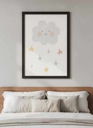 Minimalist artwork displayed in a calm, light-filled bedroom interior