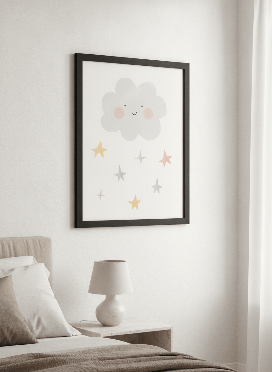 Minimalist artwork displayed in a calm, light-filled bedroom interior