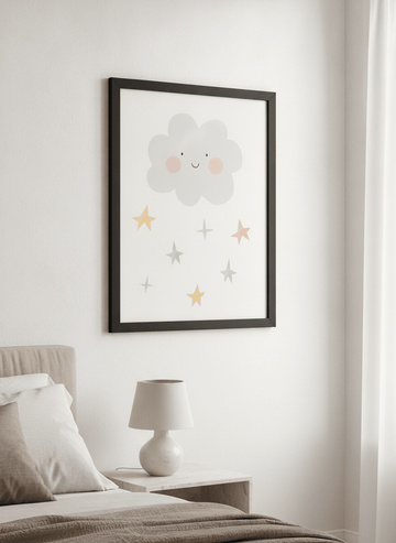 Minimalist artwork displayed in a calm, light-filled bedroom interior