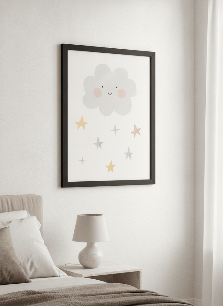 Minimalist artwork displayed in a calm, light-filled bedroom interior