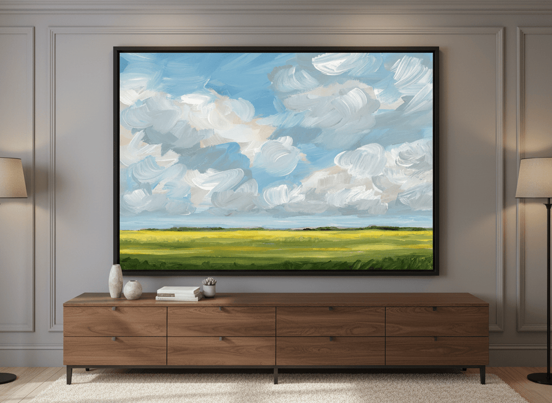 Monumental artwork centred on a feature wall in a luxe interior