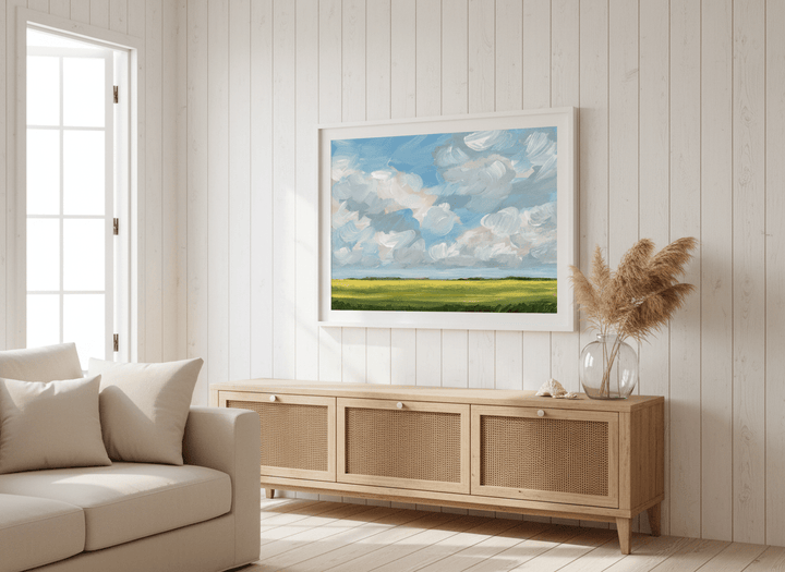 Neutral wall art displayed in a sunny coastal beach house