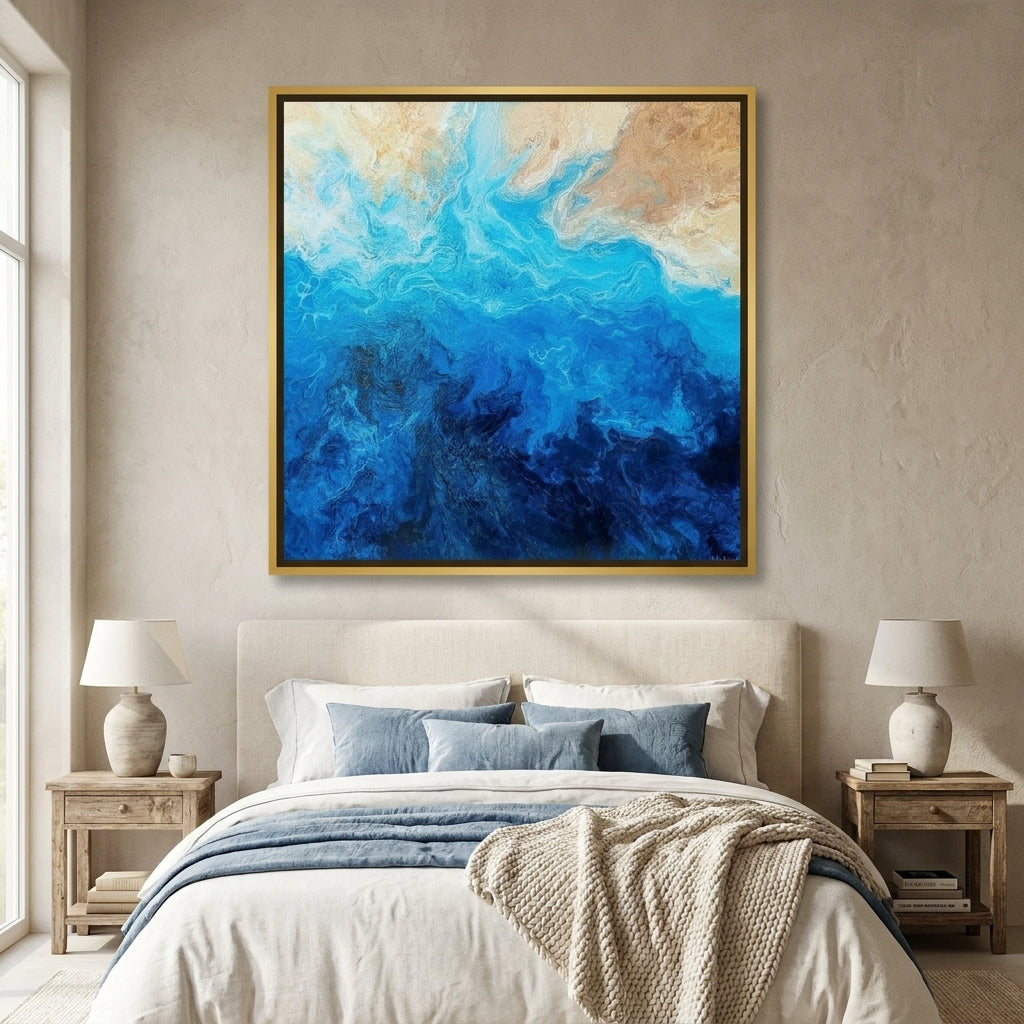 Canvas wall art with a gold leaf surround styled in a calm, light-filled bedroom