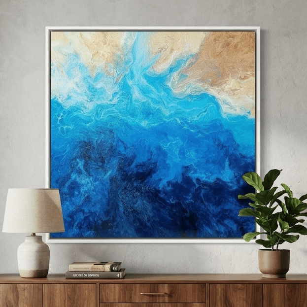 Canvas wall art with a white surround styled in a bright modern office