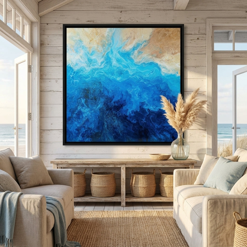 Oversized statement canvas wall art with a black surround styled in a sunny coastal beach house