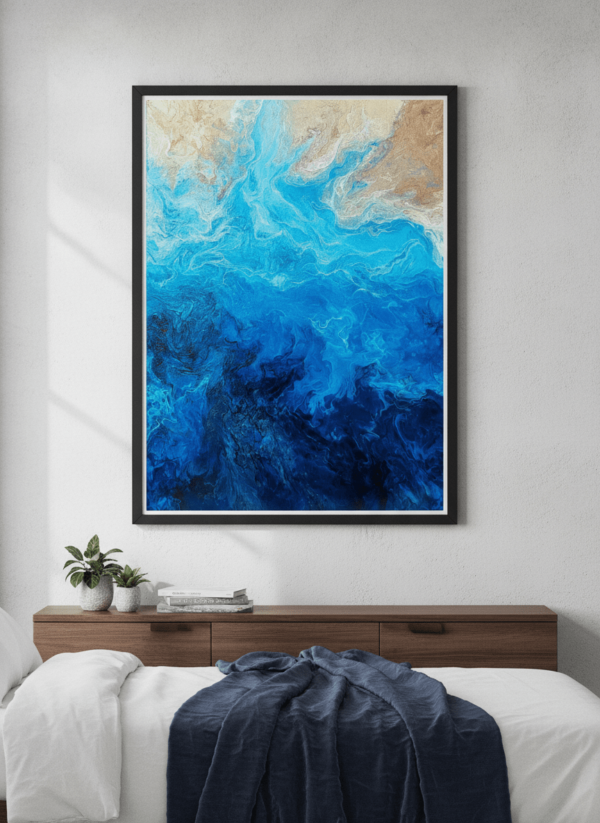 Minimalist artwork displayed in a calm, light-filled bedroom interior