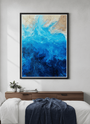 Minimalist artwork displayed in a calm, light-filled bedroom interior