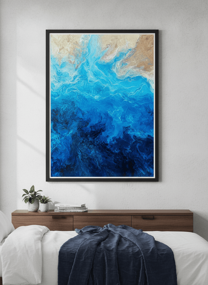 Minimalist artwork displayed in a calm, light-filled bedroom interior