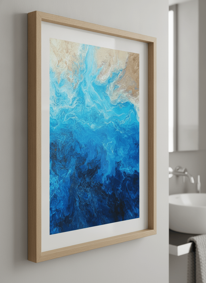 Modern print displayed in a clean minimalist bathroom setting