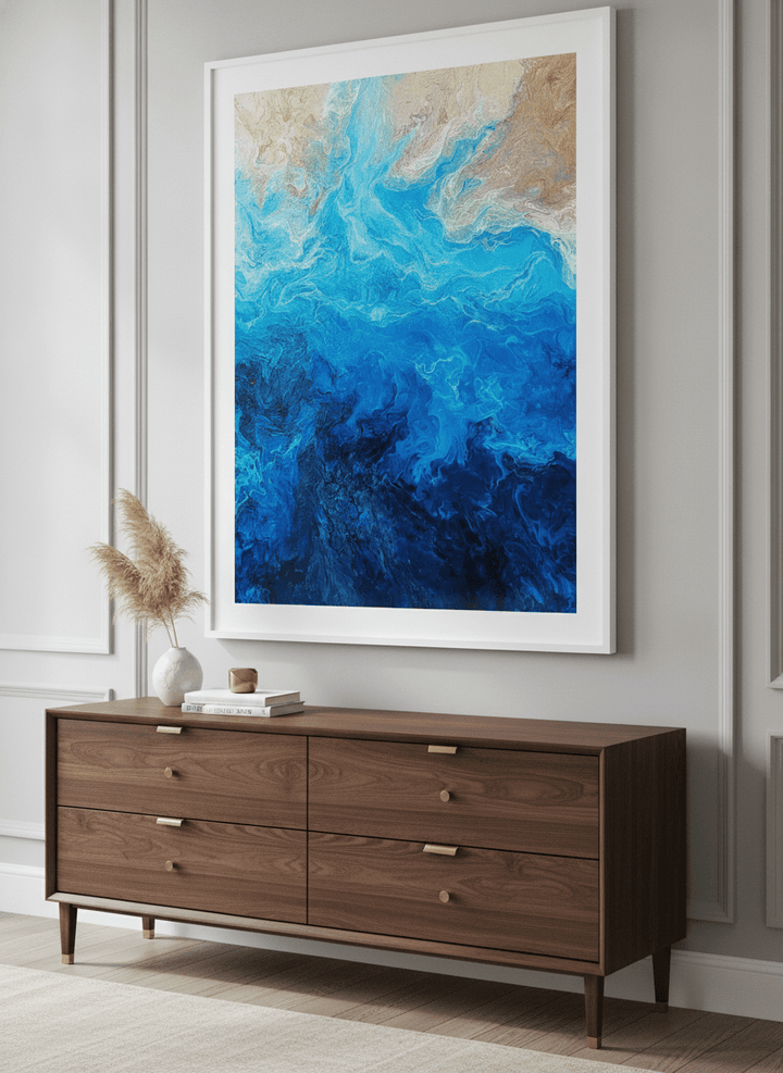 Monumental artwork centred on a feature wall in a luxe interior