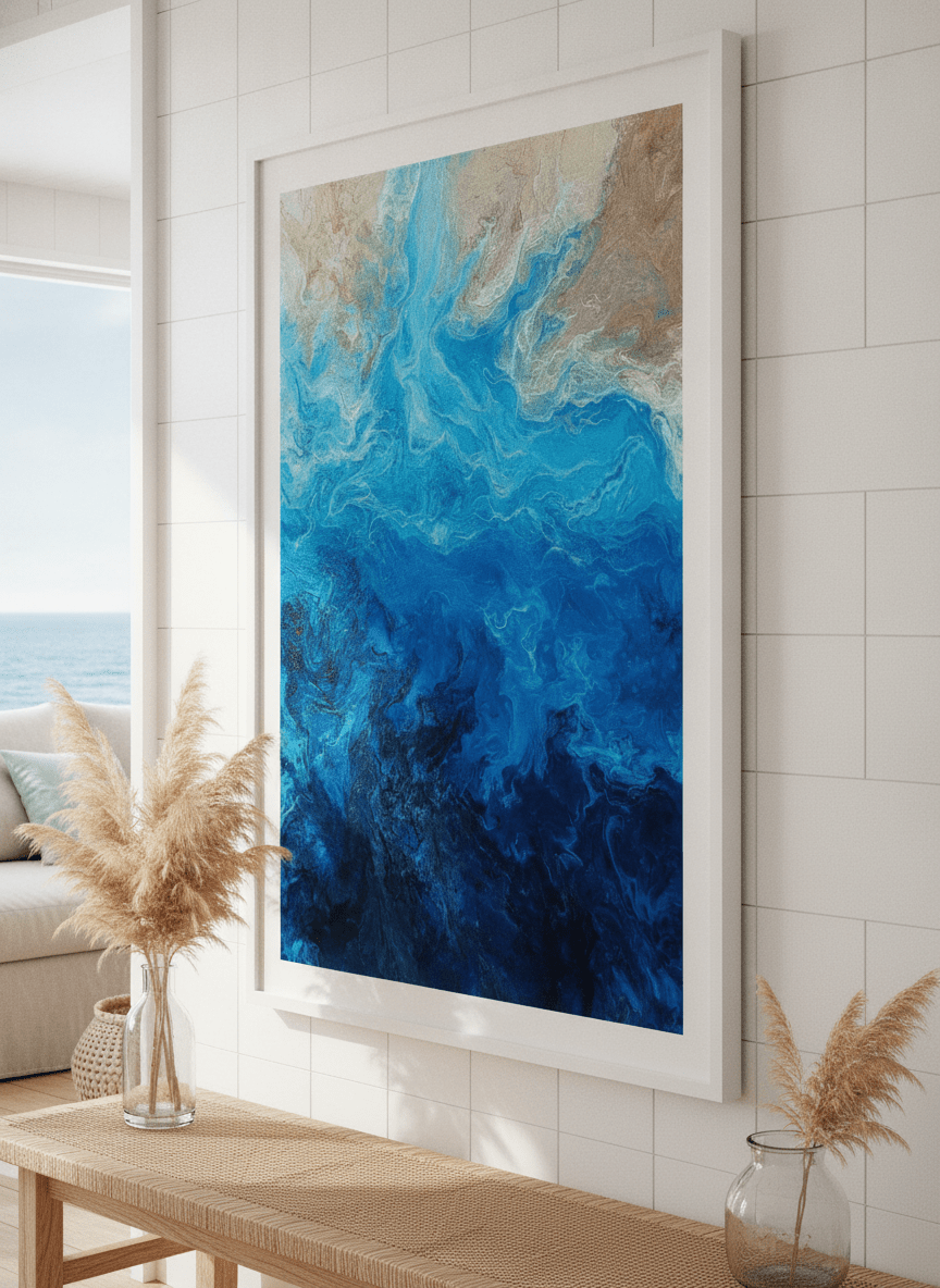 Neutral wall art displayed in a sunny coastal beach house