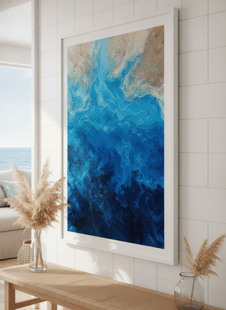 Neutral wall art displayed in a sunny coastal beach house