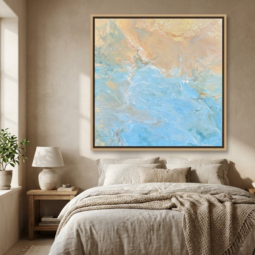 Canvas wall art with a natural timber surround styled in a calm, light-filled bedroom