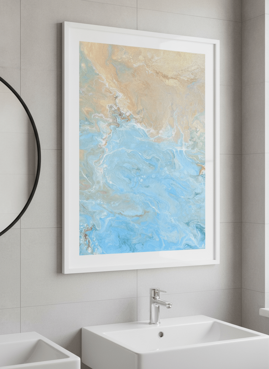 Modern print displayed in a clean minimalist bathroom setting