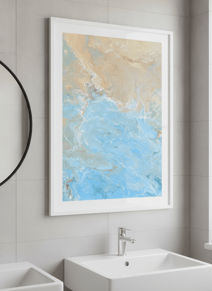 Modern print displayed in a clean minimalist bathroom setting