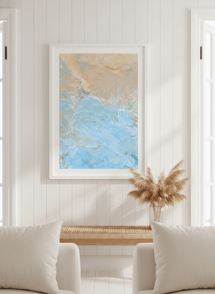 Neutral wall art displayed in a sunny coastal beach house