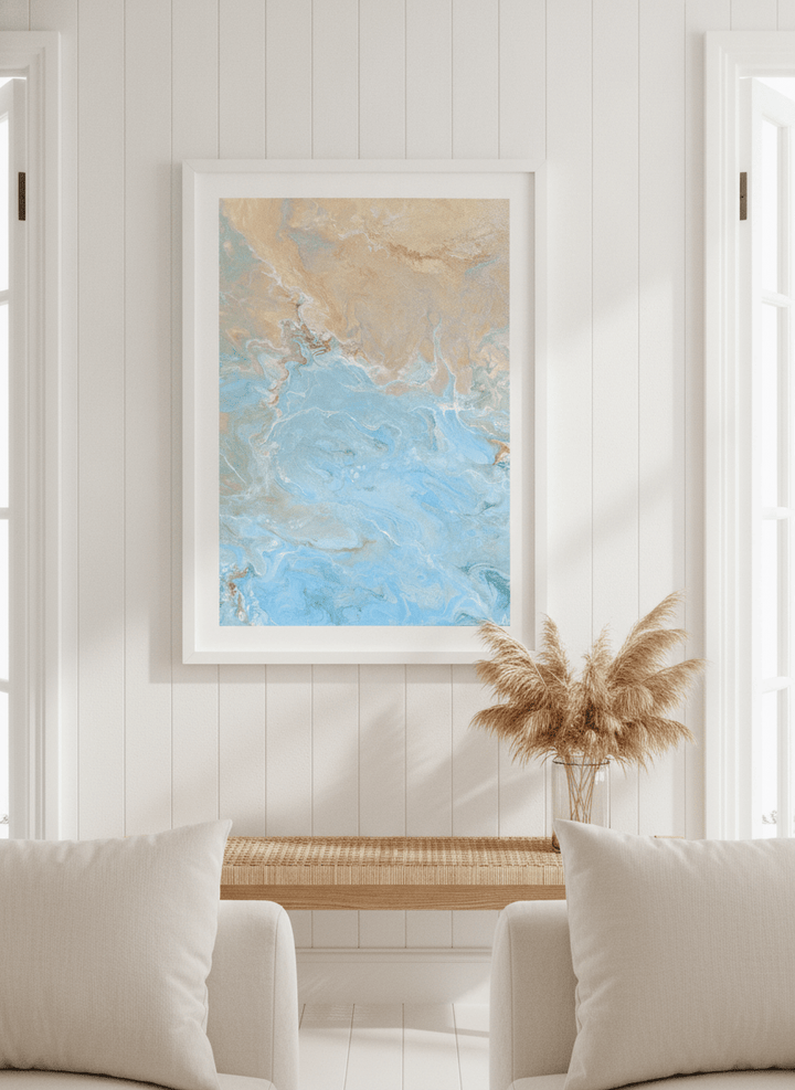 Neutral wall art displayed in a sunny coastal beach house