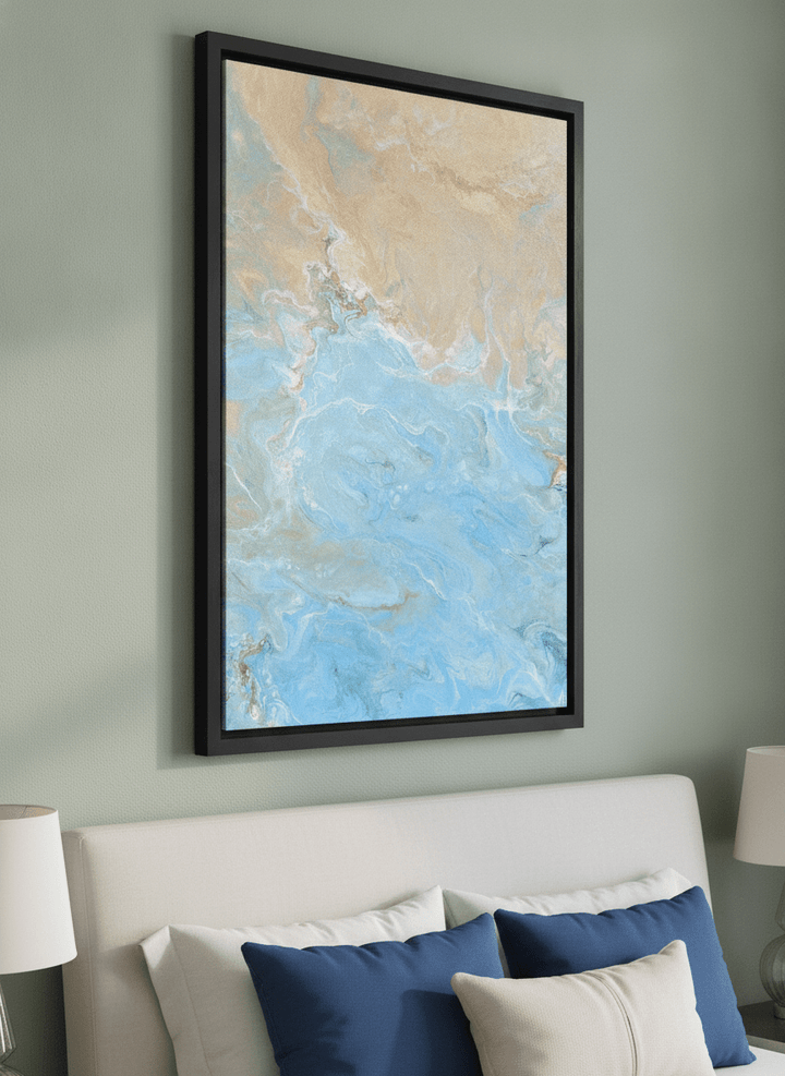Minimalist artwork displayed in a calm, light-filled bedroom interior