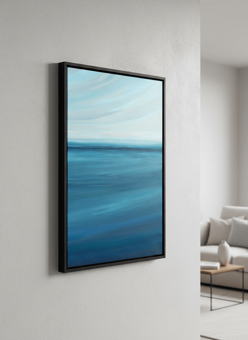 Modern wall art styled above a sofa in a neutral living room