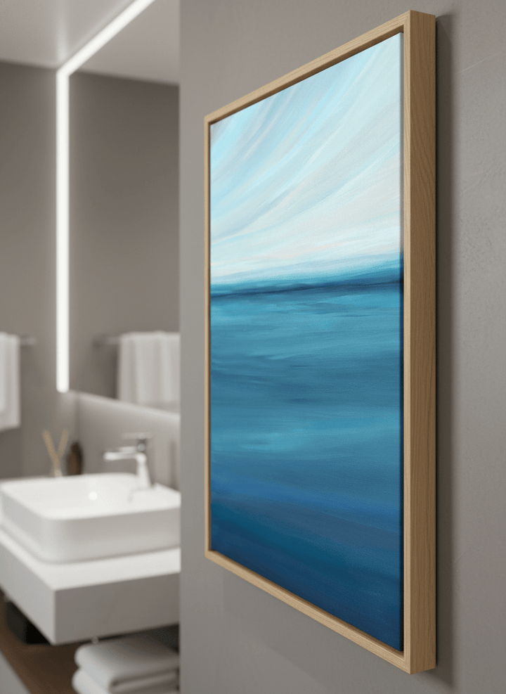 Modern print displayed in a clean minimalist bathroom setting