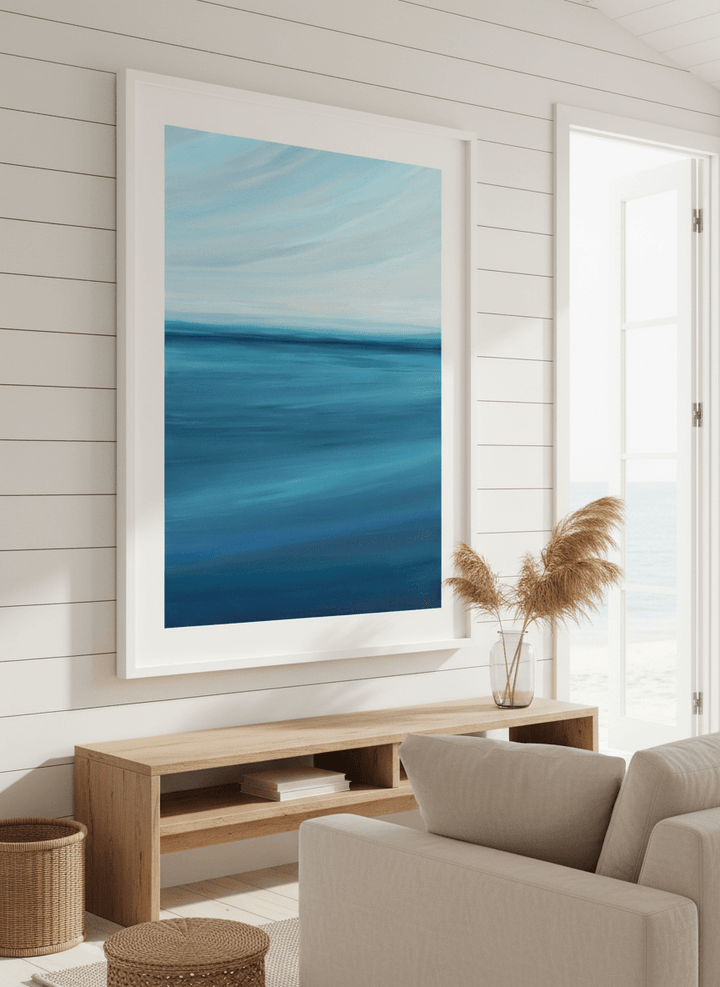 Neutral wall art displayed in a sunny coastal beach house